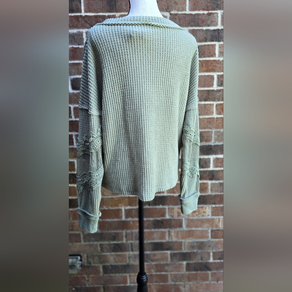Daytrip Slouchy Sage Green Lace Trim Sweater - Picture 6 of 10